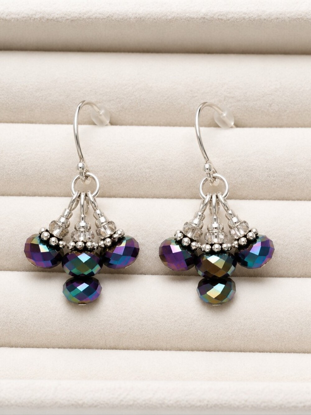 Aurora Borealis Crystal Cluster Earrings | Silver Tone Hooks | EUC